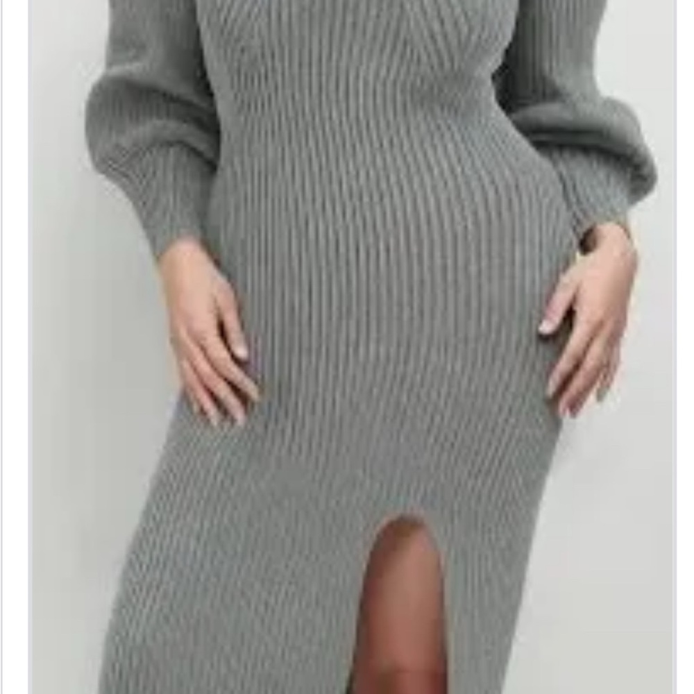 Gray Ribbed Knit Dress with Slit and includes cropped cardigan